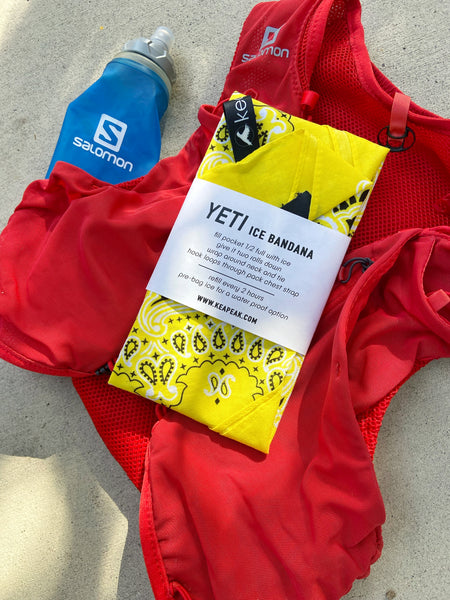 Yellow bandana modified to hold ice for running